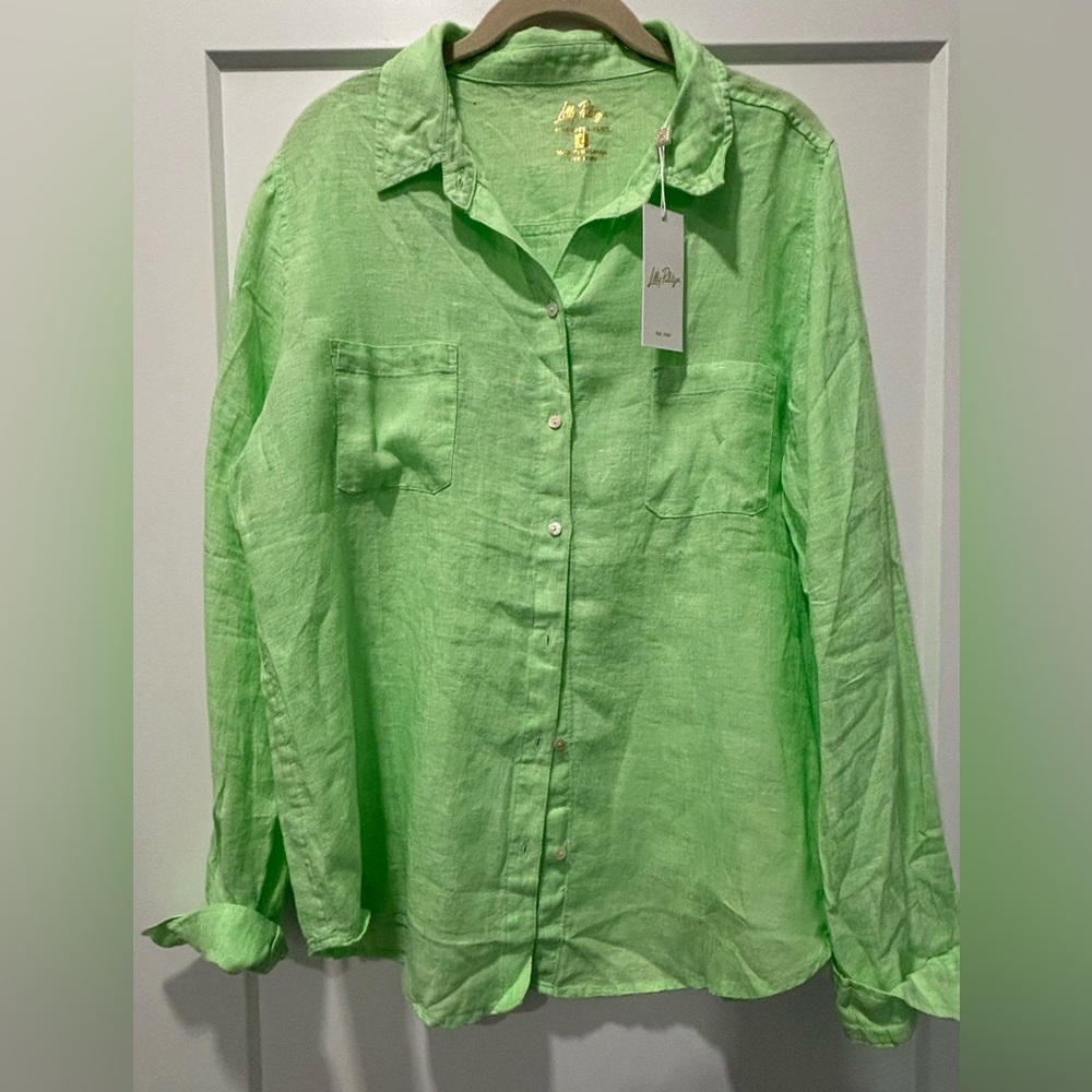 Lilly Pulitzer Jade Lime 100% Linen Button-Up Shirt